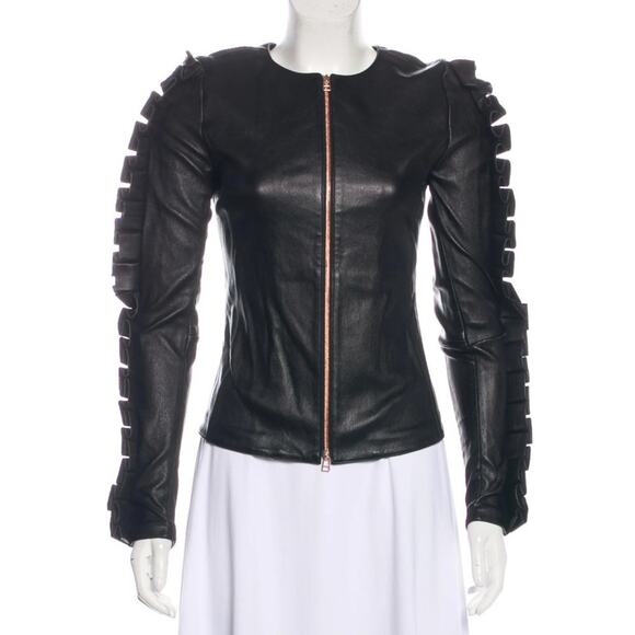 Thomas Wylde Long Sleeve Black Leather Statement Jacket, Size XXS (MSRP $2,375) - Picture 2 of 5